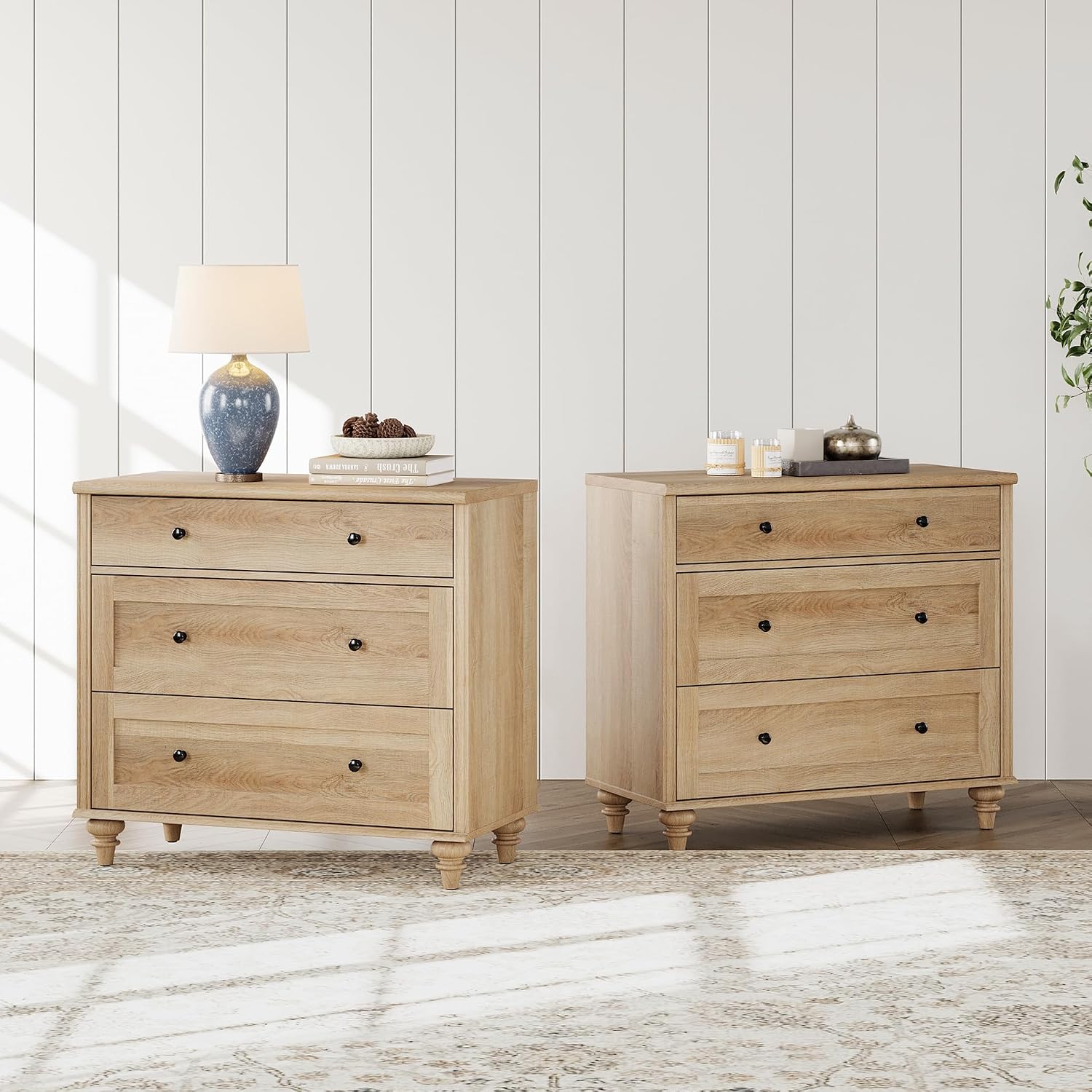 WAMPAT Farmhouse End Table, Large Wood Bedside Table Night Stand, Wide Sofa Side End Table for Living Room, Bedroom, Oak, (2 PCS)