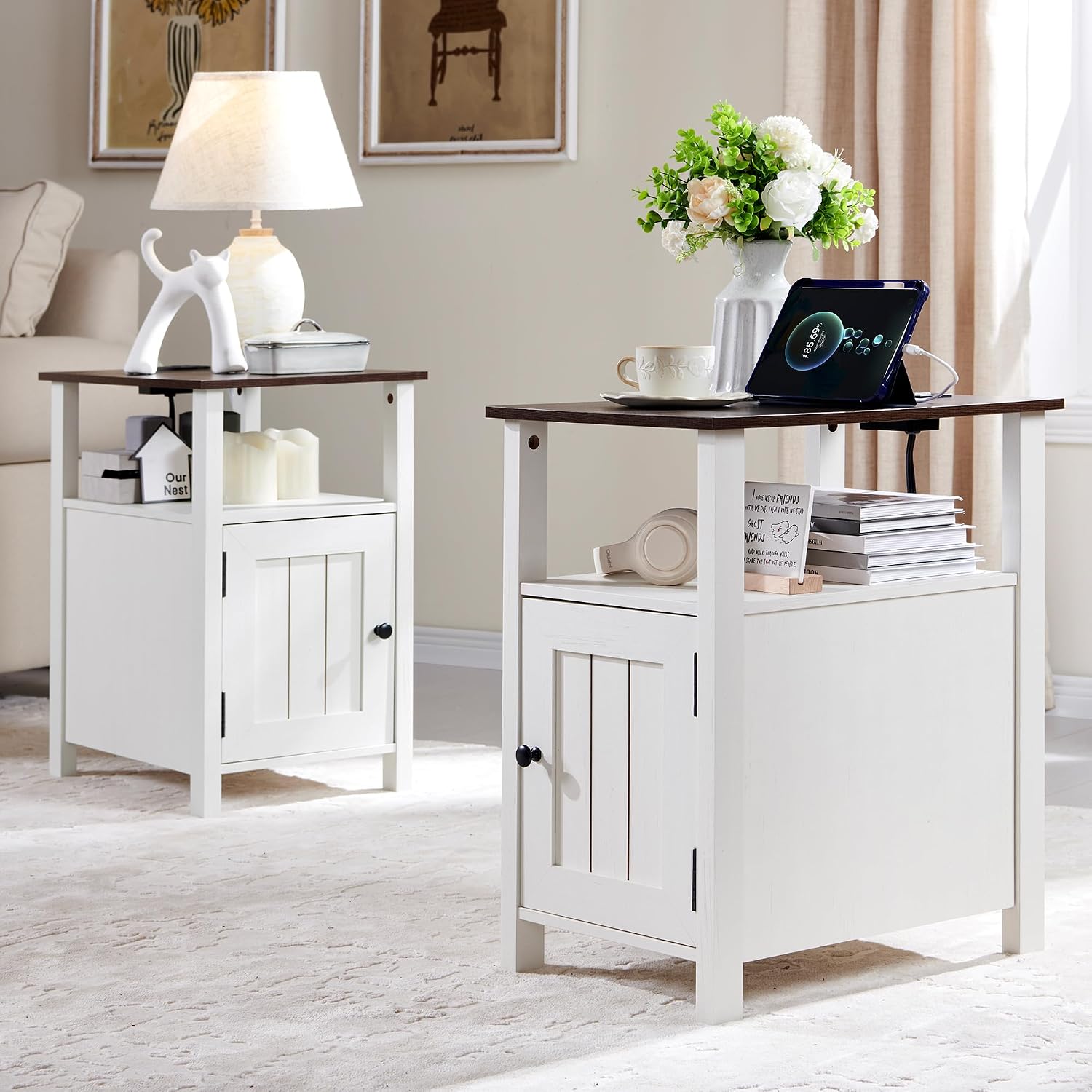 IFGET Farmhouse Nightstand Set of 2, End Table with Charging Station, Rustic Side Table w/Barn Door & Open Shelves, Bedside Table w/Storage Space and Storage Cabinet for Bedroom, Living Room (White)
