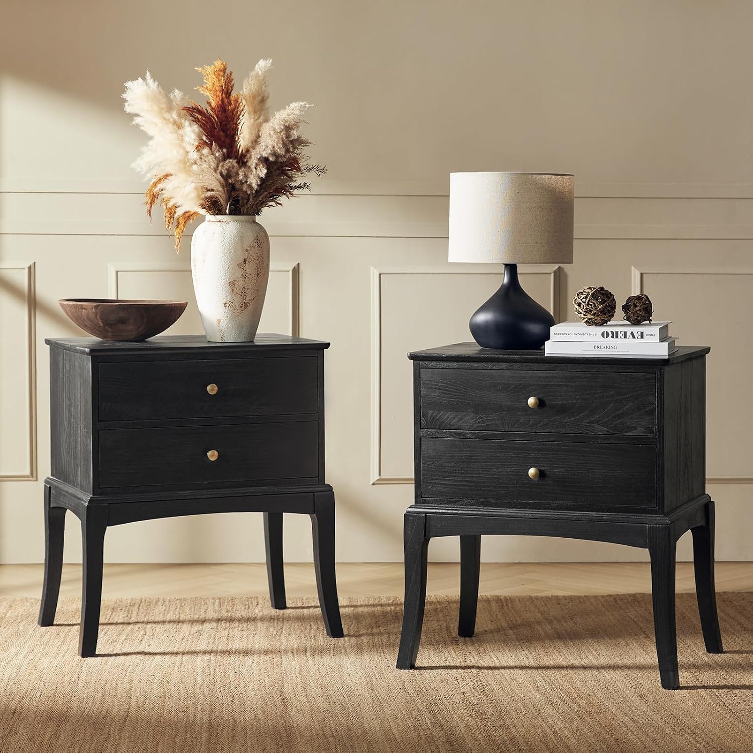HULALA HOME Solid Wood End Table with Charging Station, 2 Drawer Side Table, Tall Mid Century Modern End Table for Living Room Set of 2, Charcoal