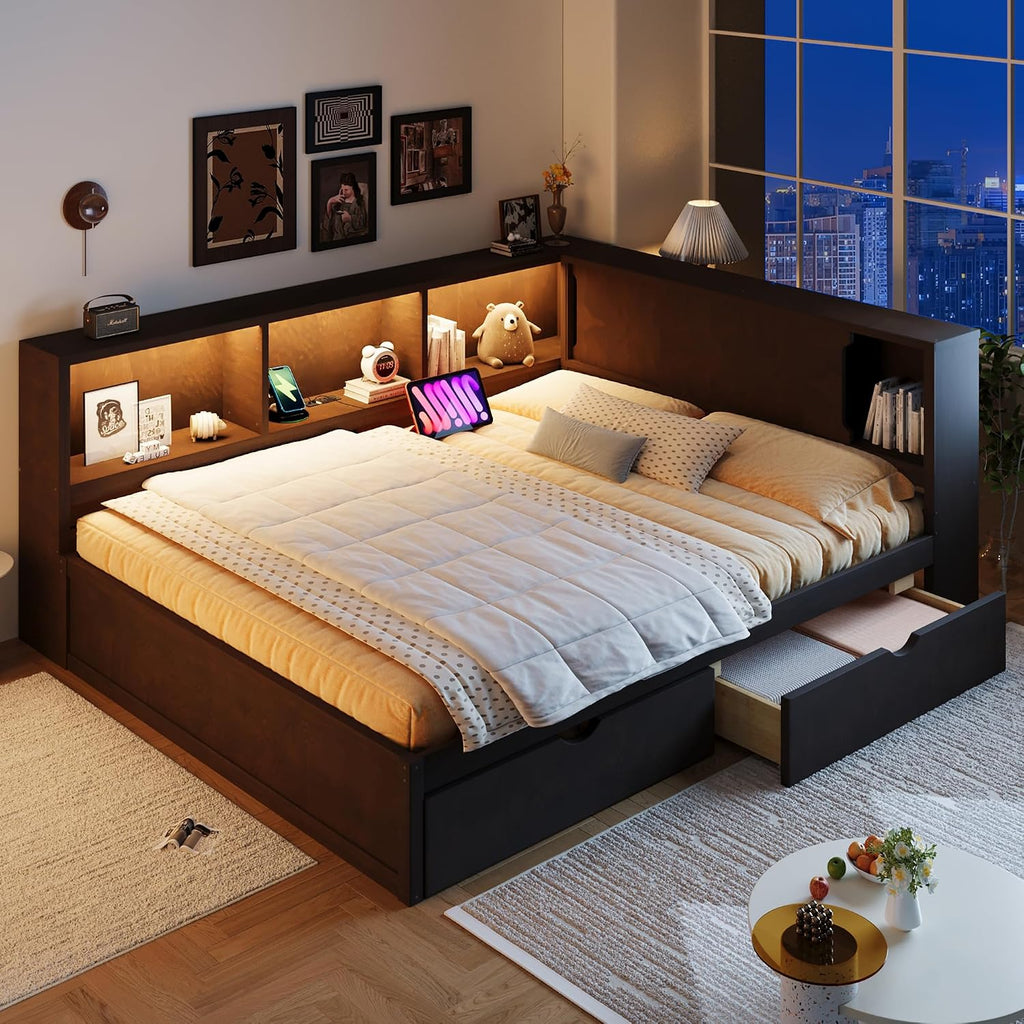VilroCaz Queen Size Daybed with L-Shaped Headboard &Bookcases, Solid Wood Daybed Sofa Bed Frame with 2 Storage Drawers, USB, LED for Office Living Room Bedroom (Brown-2.18)