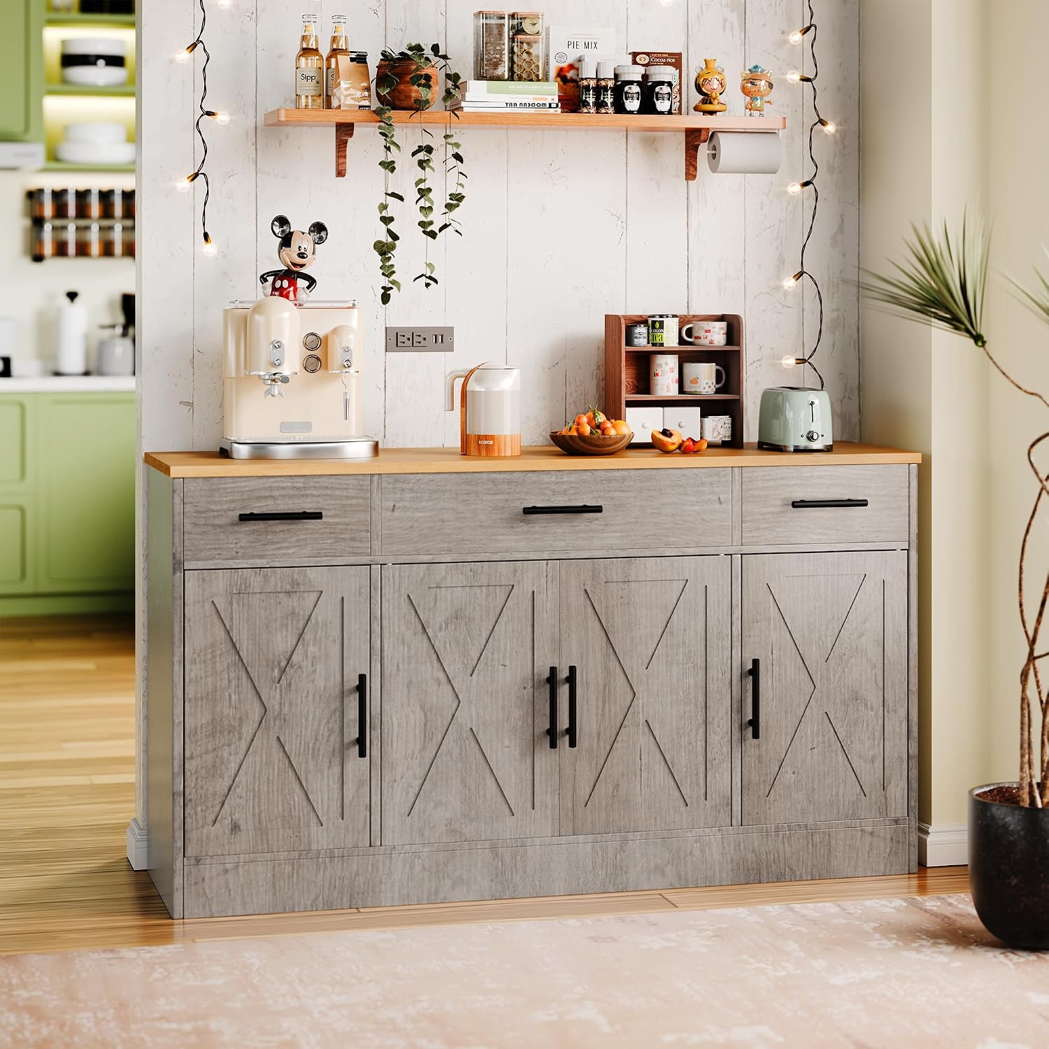 SUNLEI Kitchen Storage Cabinets, Farmhouse Buffet Cabinet with 4 Doors and 3 Drawers, Sideboard Small Storage Cabinet with Adjustable Shelf, for Kitchen, Dining Room & Living Room, Grey