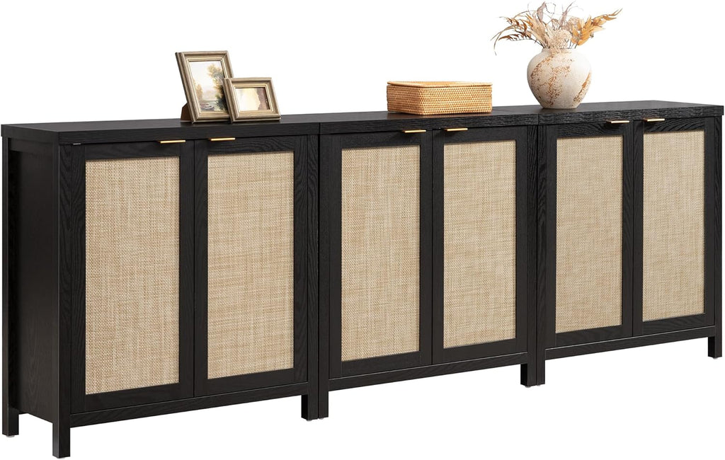 SICOTAS Rattan Sideboard Buffet Storage Cabinet - 3 Pieces Boho Farmhouse Coffee Bar Cabinet Credenza Cabinet with Storage and Rattan Decorated Doors for Home Kitchen, Black