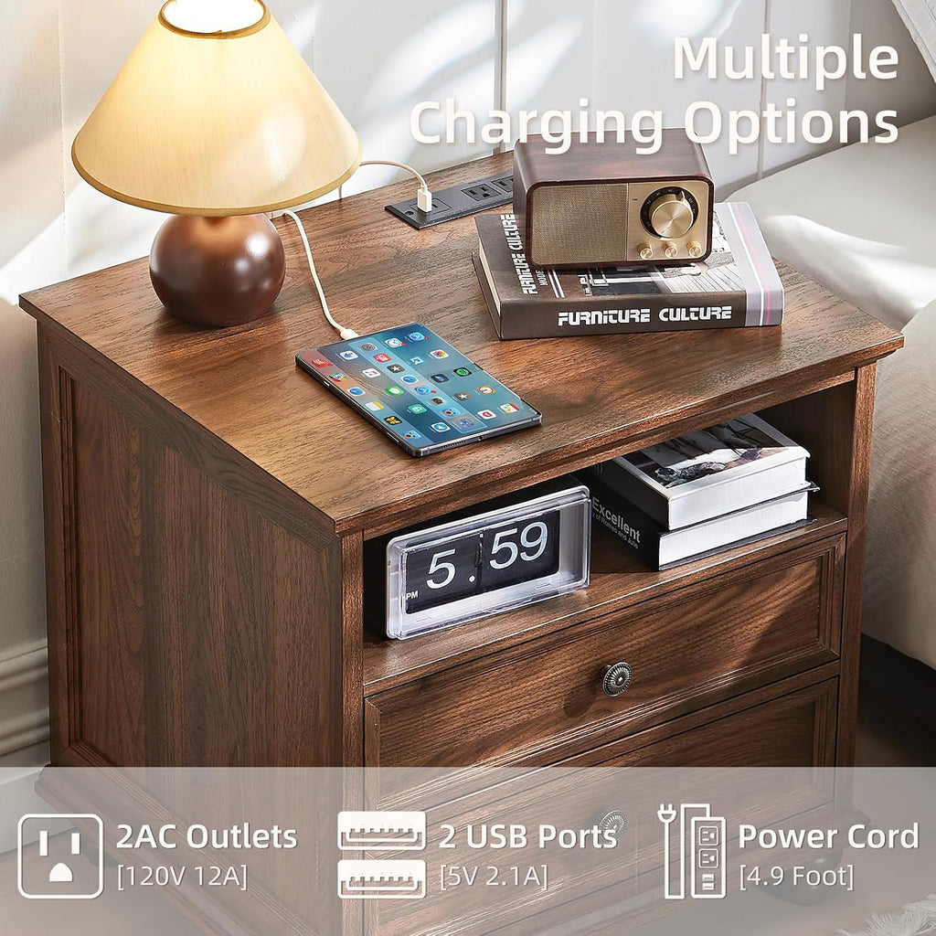 Joaxswe 24' Wide Farmhouse Nightstand Set of 2 with Charging Station,End Table with 2 Drawers,Brown Wood Dresser for Bedroom Cabinet, Bed Side Table Chest of Drawers, Night Stand for Living Room
