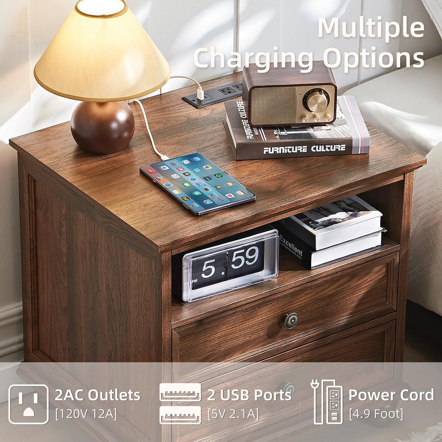 Joaxswe 24' Wide Farmhouse Nightstand Set of 2 with Charging Station,End Table with 2 Drawers,Brown Wood Dresser for Bedroom Cabinet, Bed Side Table Chest of Drawers, Night Stand for Living Room