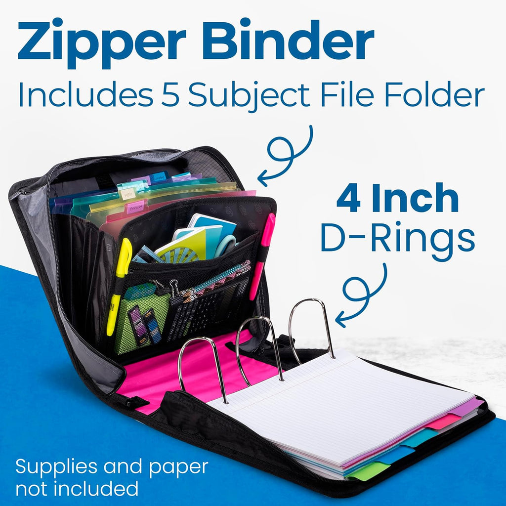 Case-it King Sized Zip Tab School Zipper Binder | 4-Inch D-Rings, 800 Sheet Capacity, 5-Subject Expanding File Folder, Multiple Pockets & Storage Organizer, Shoulder Strap | D-186 Magenta | 4 Pack