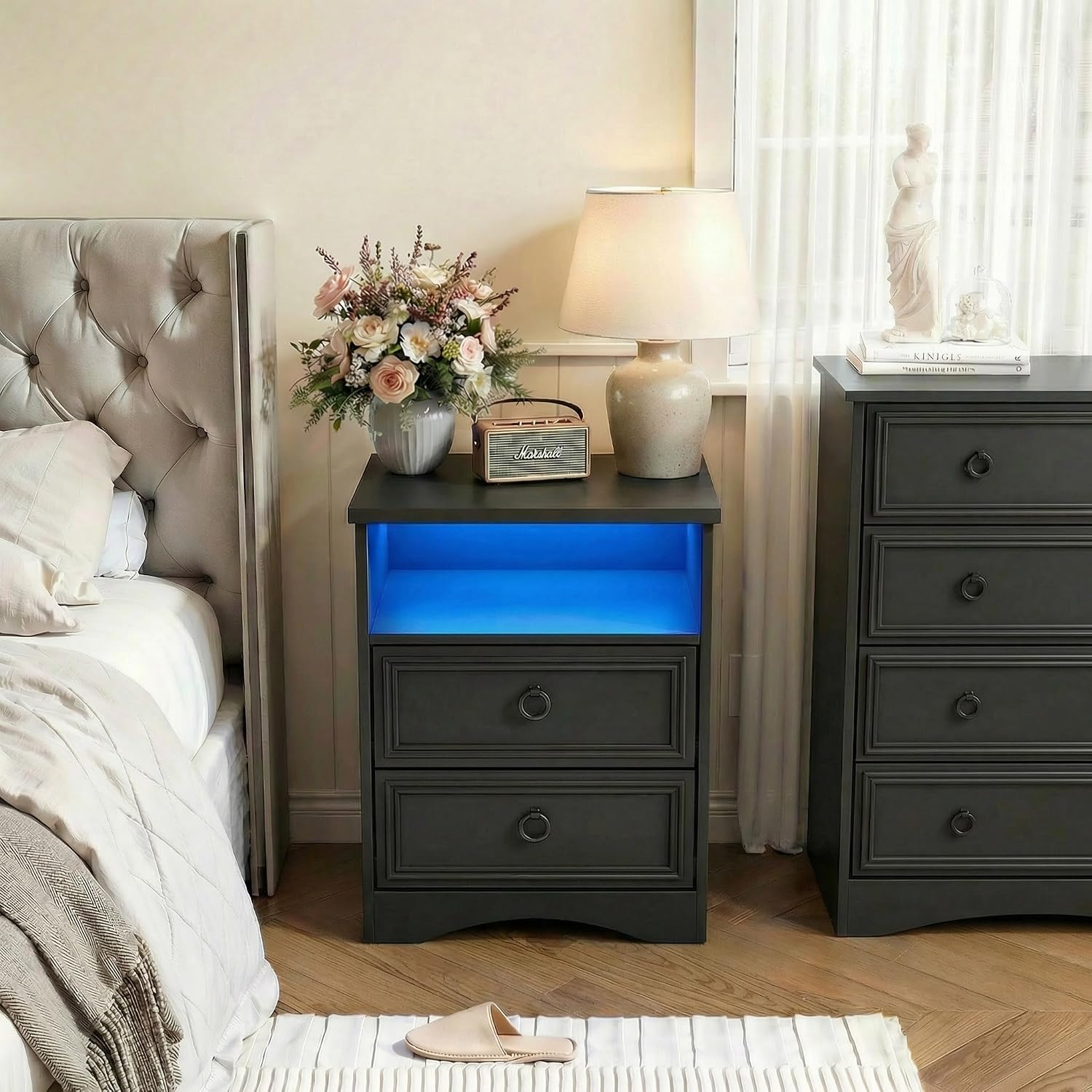 Large Nightstand Set of 2 with Drawers,17.7'W Accent Night Stand with Charger Station LED Lights, Bed Side Table with 2 Drawers, End Table with Easy Open Storage for Bedroom, Living Room,Black