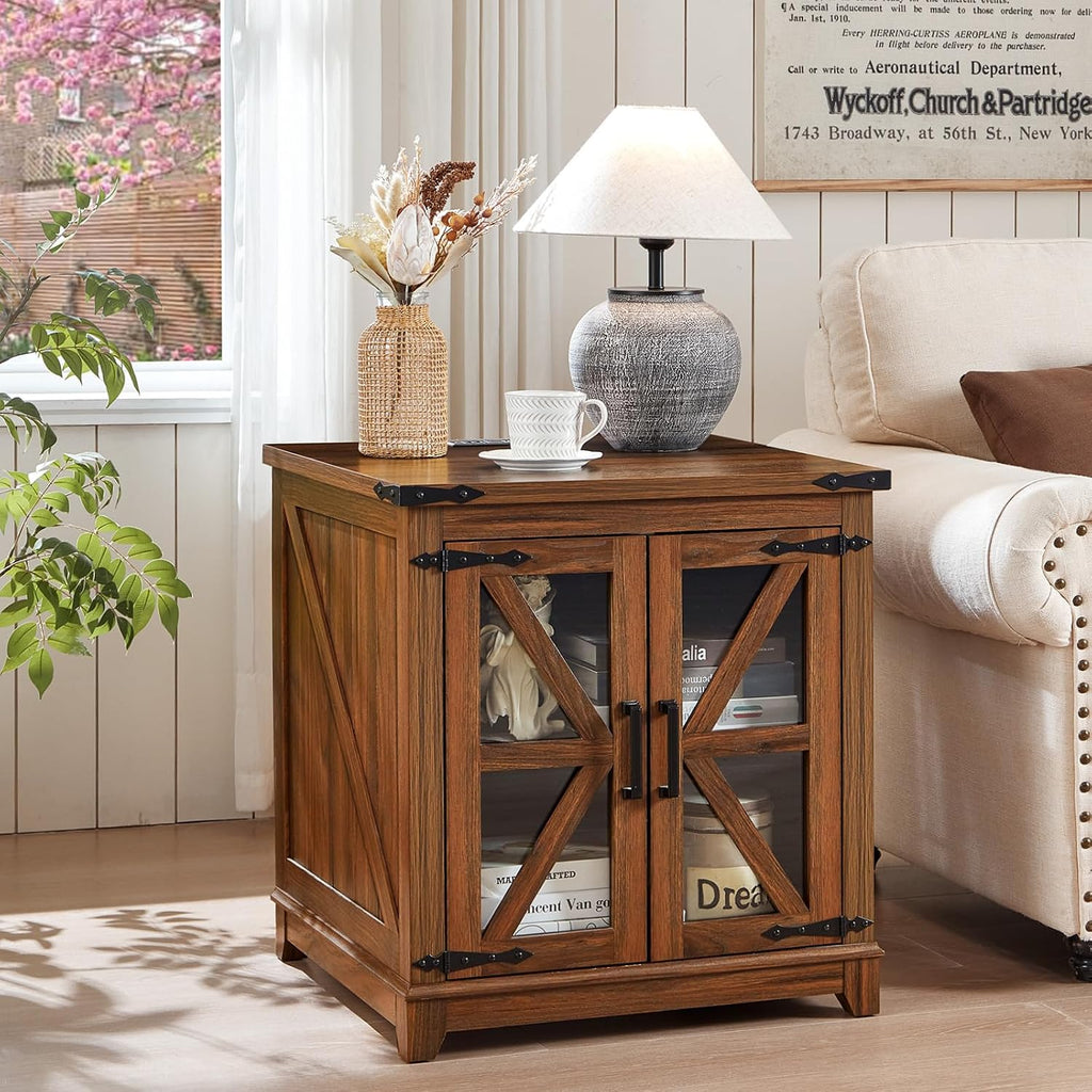 Joaxswe Farmhouse End Table with Charging Station Set 2, 24' Large Sofa Side Table with Glass Barn Door, Nightstand with Adjustable Storage Shelf,Wood Square Bedside Table for Living Room,Bedroom