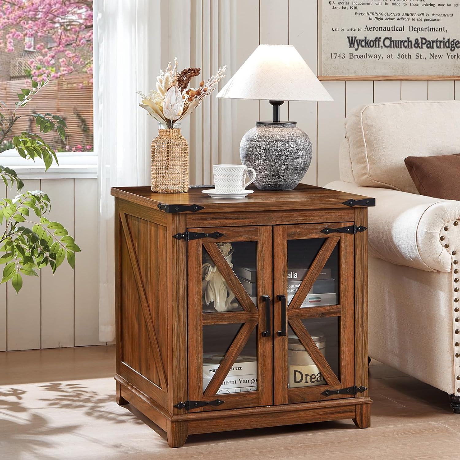 Joaxswe Farmhouse End Table with Charging Station Set 2, 24' Large Sofa Side Table with Glass Barn Door, Nightstand with Adjustable Storage Shelf,Wood Square Bedside Table for Living Room,Bedroom