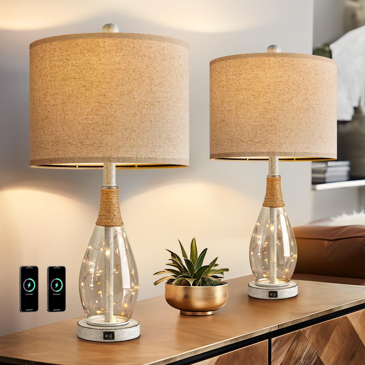 OYEARS 23' Table Lamps for Living Room Set of 2 Bedside Lamps for Night Stands Bedroom Lamps Farmhouse Rattan Boho Lamp Glass Nightlight End Table Lamp with USB C+A (White),Two Light Points
