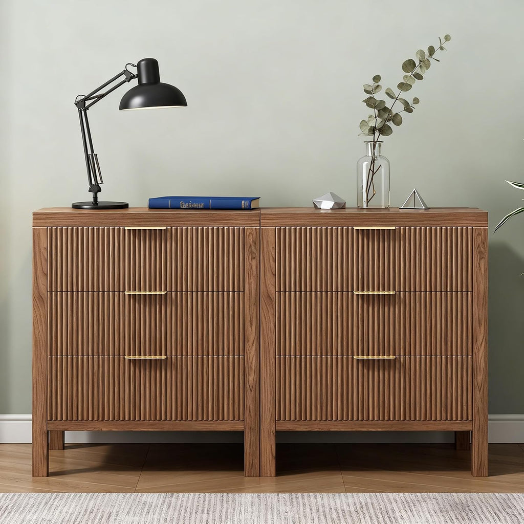 Fluted Nightstands Set of 2, Wooden Farmhouse Night Stands with 6 Drawer Bedside Table - Boho Tall End Table Accent Table for Bedroom, Living Room, Walnut