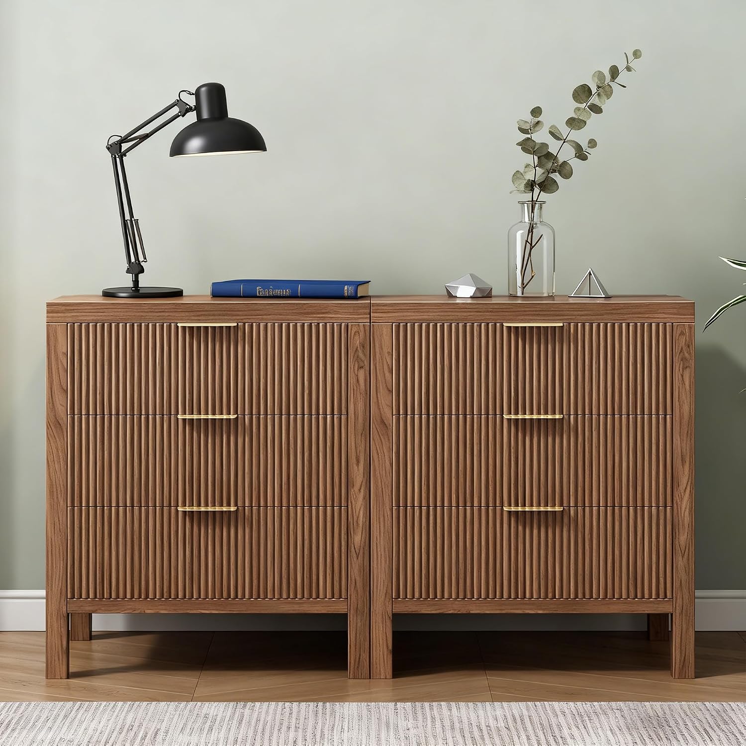 Fluted Nightstands Set of 2, Wooden Farmhouse Night Stands with 6 Drawer Bedside Table - Boho Tall End Table Accent Table for Bedroom, Living Room, Walnut