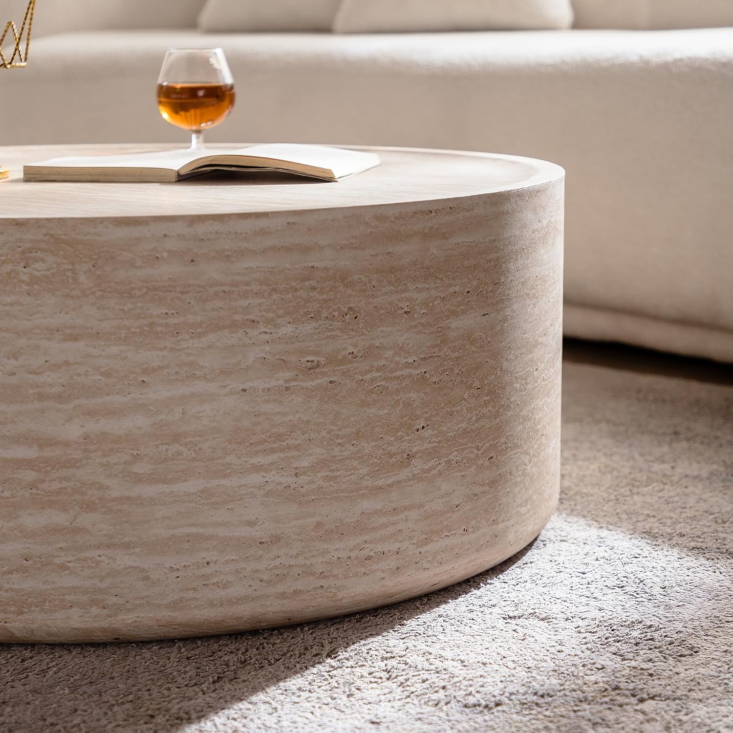 Modern Drum-Shape Coffee Table for Living Room 31.5' Round Cocktail Center Table Faux Travertine Finish Circle Coffee Tables for Home Office, Fully Assembled