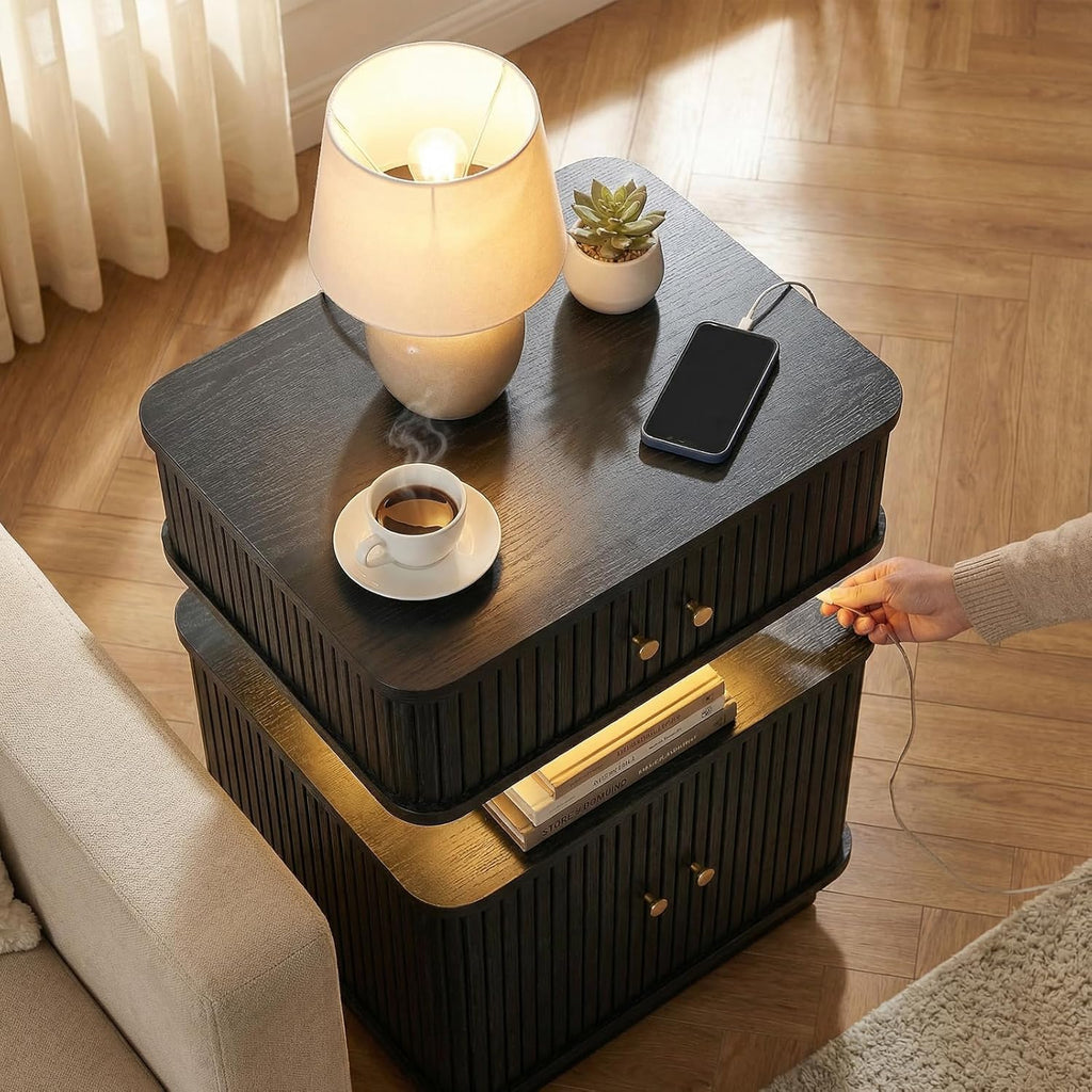 Set of 2 LED Light End Table with Charging Station, Black Mid Century Bedside Table with USB Type A C Ports, Small Fluted Accent TV Control Nightstand with Sliding Door for Living Room, Curvy Edge