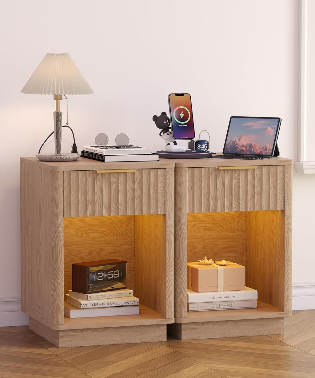 Akxomel Fluted Nightstands Set of 2, Wooden Night Stand with Charging Station and LED Light, Modern Mid Century Bed Side End Table with Drawer, 15' D x 15.7' W x 22.6' H, for Bedroom, Natural Oak