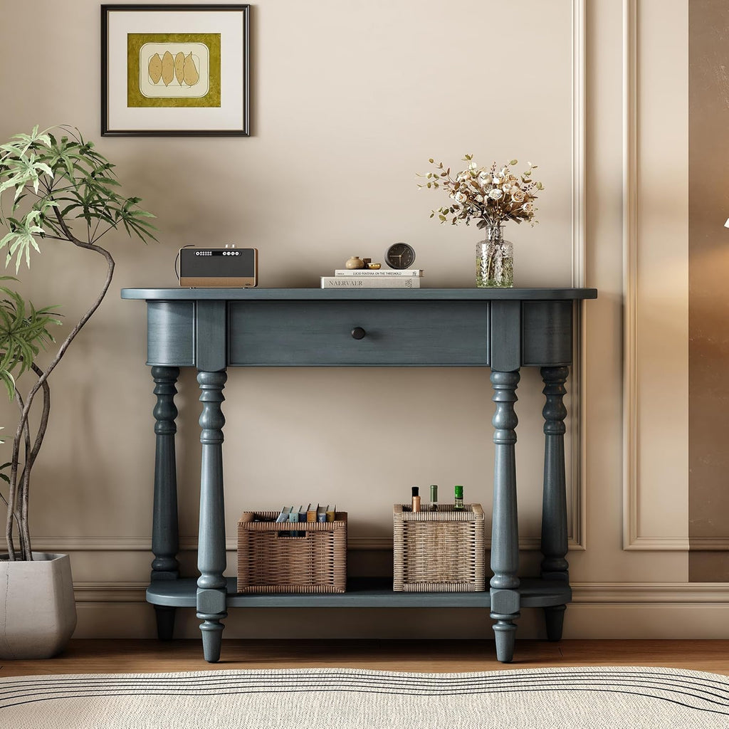 SOFTSEA Farmhouse Curved Console Table with Storage Drawer and Open Shelf, Rustic Curved Entryway Table for Living Room Hallway, 36 inch Conosle Table, Navy