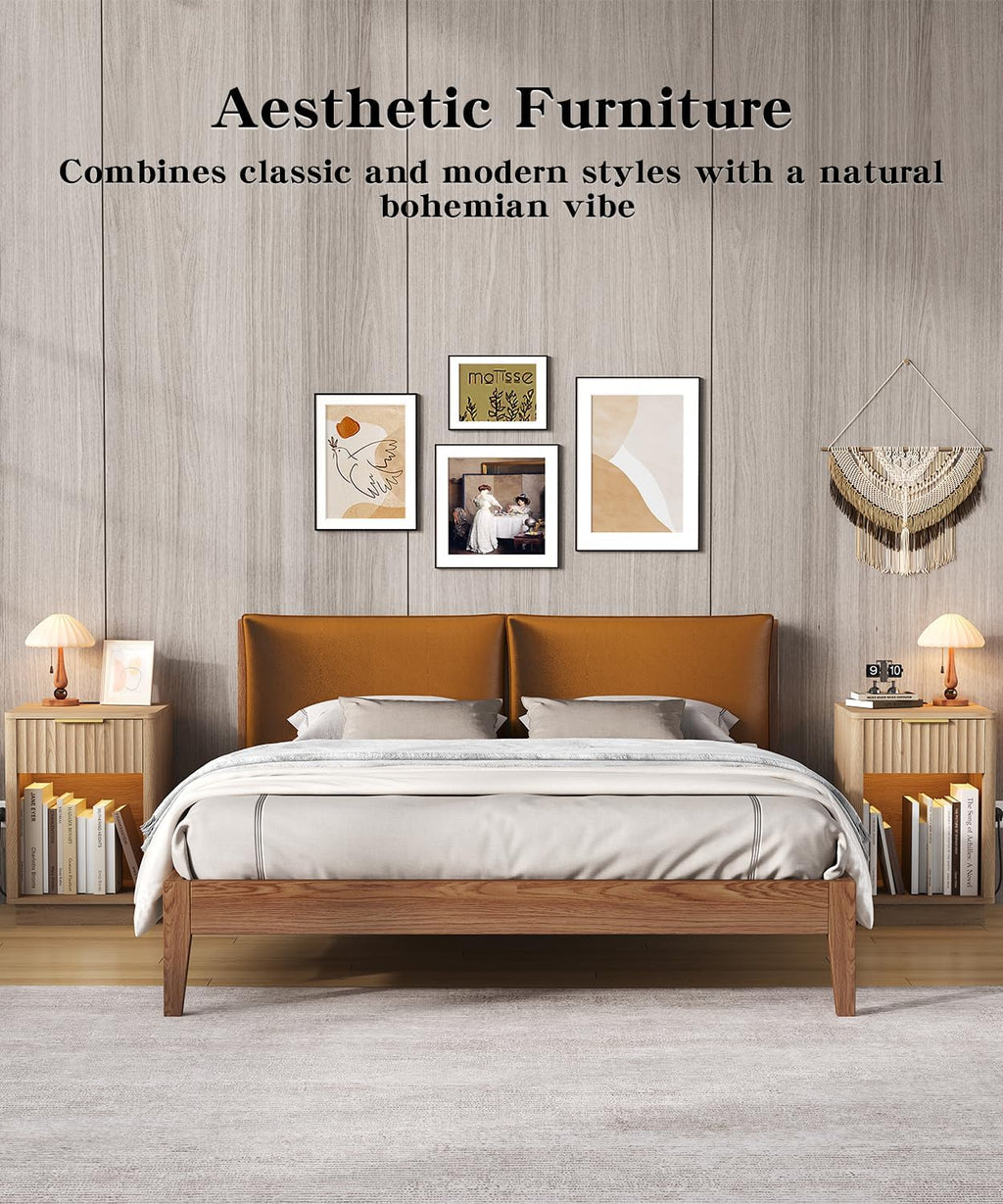 Akxomel Fluted Nightstands Set of 2, Wooden Night Stand with Charging Station and LED Light, Modern Mid Century Bed Side End Table with Drawer, 15' D x 15.7' W x 22.6' H, for Bedroom, Natural Oak