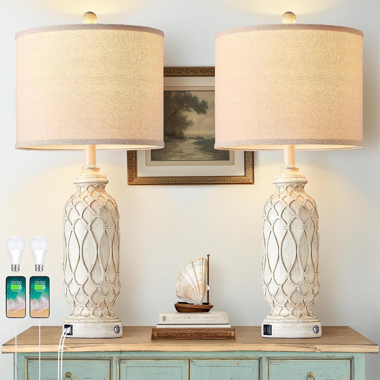 Farmhouse Lamps for Living Room Set of 2, 28' Table Lamps for Bedroom with USB A+C Charging Ports, Touch Lamps for Nightstand, 2 Bulbs Included