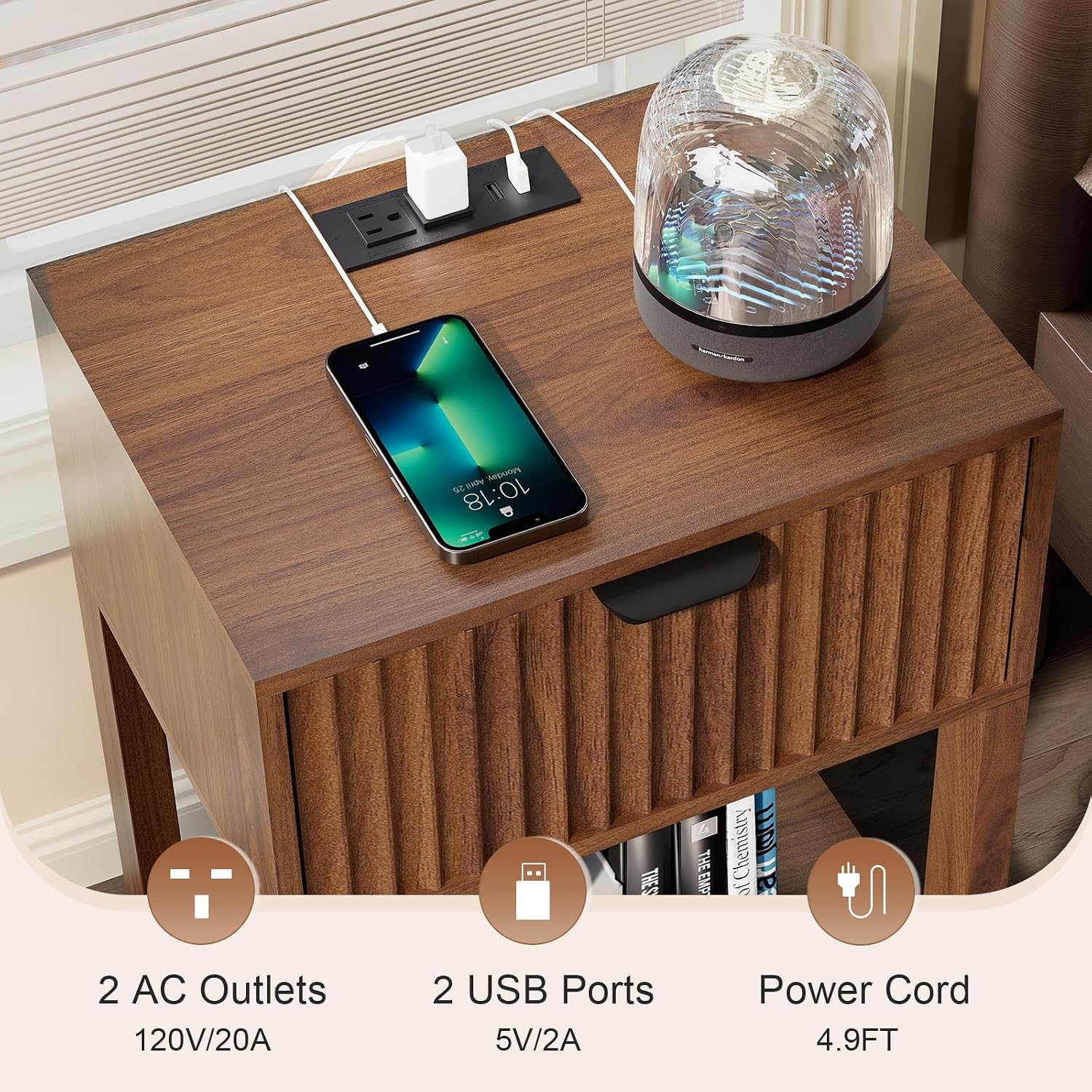 Nasonet Night Stand Set 2, Fluted Nightstand with Charging Station, Wood Bedside Table with Drawer & Storage Shelf, Modern End Tables for Bedroom Sofa Couch Office, Walnut