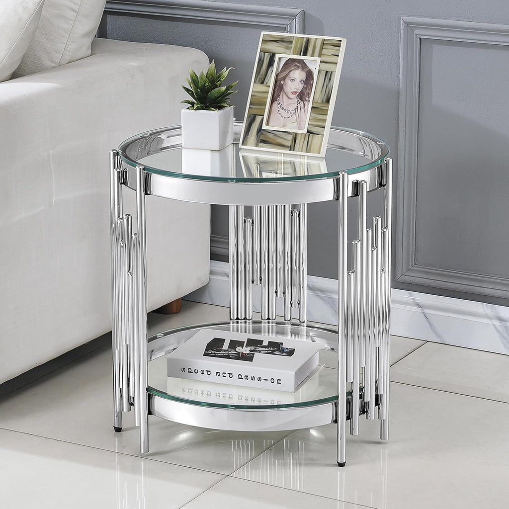 20' Round Glass End Table, 2-Tier Silver Side Table with Stainless Steel Legs and Clear Tempered Glass, Modern Luxury End Table for Living Room Home Office