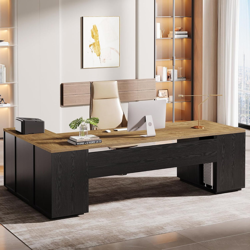 Tribesigns 85.8-Inch L-Shaped Executive Desk, Extra Large Modern Office Desk with File Drawers, Door Cabinet & Shelves, Commercial Office Table, Home Business Workstation, Light Brown & Black