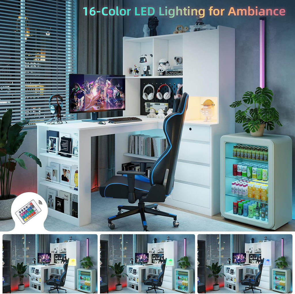 Zevemomo L Shaped Desk with Hutch and 4 Drawers, Computer Desk with USB Ports, Power Outlets & LED Light, Wood Corner Computer Desks with Storage Shelves for Home Office, White, Left Long