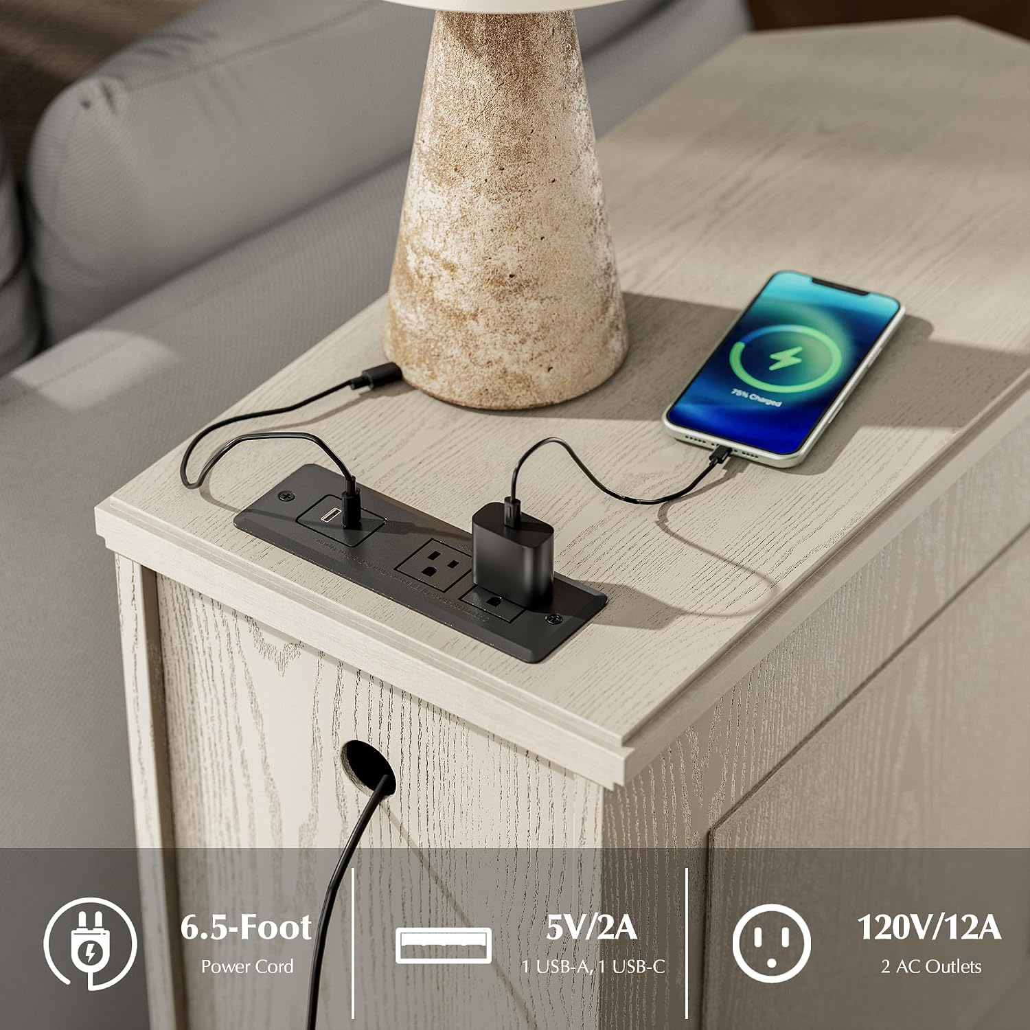 Nightstand with Charging Station, Vintage Wood End Table with 3 Drawer, Victoria Narrow Side Table, Slim Bedside Tables for Bedroom, Pre-Installation, Light Gray
