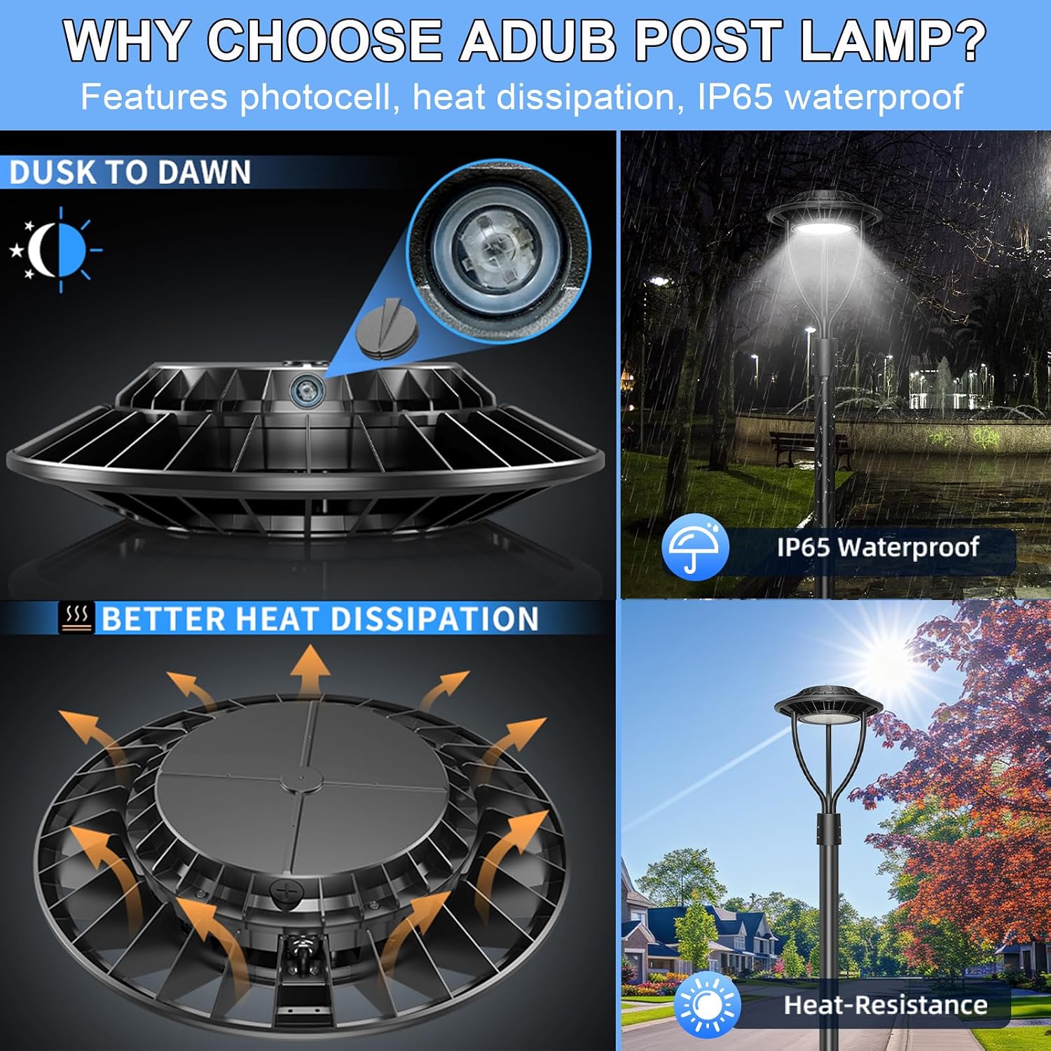 ADUB 2 Pack 60W LED Post Top Lights with Photocell, 8700LM, 60W 48W 36W Adjustable Street Lamp 3 CCT 3000K 4000K 5000K, IP65 Commercial Outdoor Pole Fixture for Parking Lot, AC 120V-277V,ETL Listed