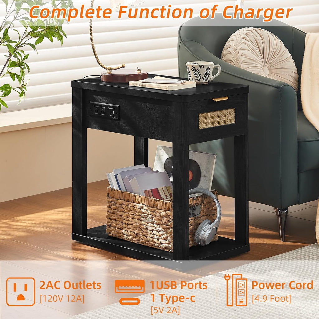 LEYAOYAO Narrow Side Table Set of 2, 24'' Night Stand with Charging Station, Rattan Nightstand with Drawer Storage, Bedside End Table with Small Spaces, Wood Boho Nightstand for Living Room Bedroom