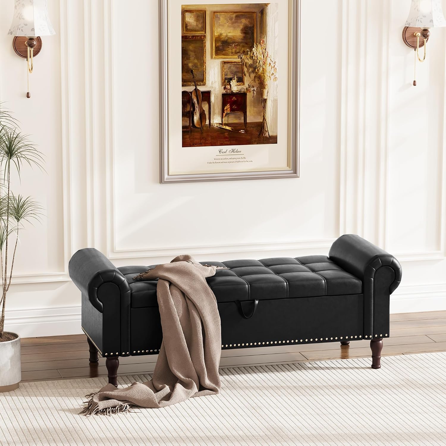 Apicizon 51' Bench with Storage, Queen Size Faux Leather End of Bed Bench with Tufted Button, Ottoman Bench with Rolled Arms & Vintage Rivets for Foot of Bed, Living Room, Entrance, Black