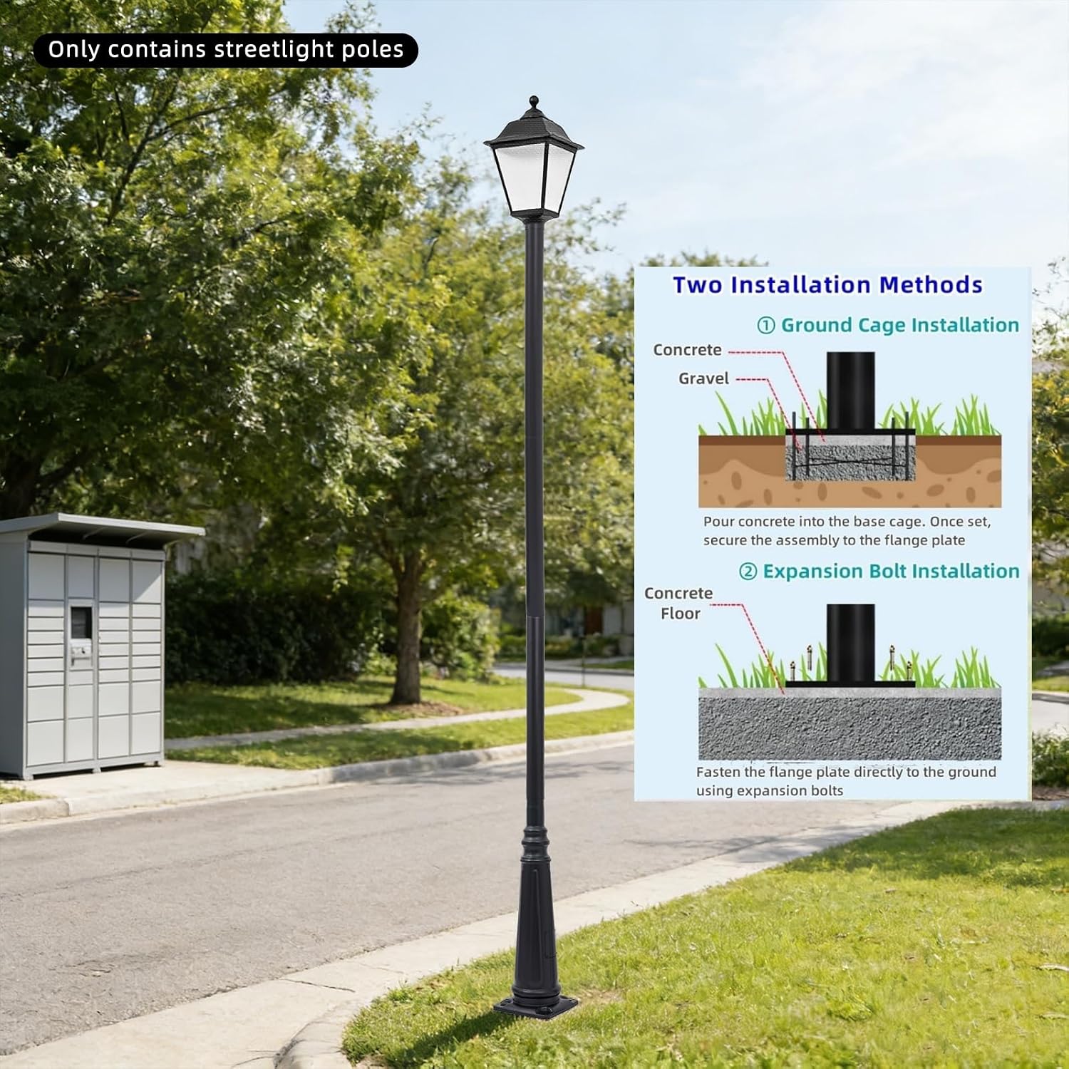10FT Outdoor Lamp Post, Split Street Light Pole with Top Globe & Ground Cage Lighting Post Fixtures for Pathway Courtyard Parking Lot, Fits Standard 3' Post Top Fixtures (10FT 275+76mm)