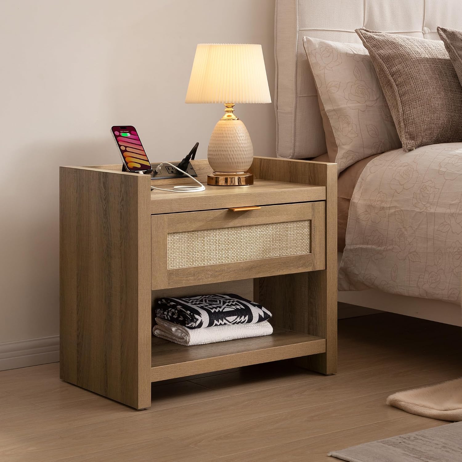 SICOTAS Night Stand Set of 2 Nightstands - Rattan Bed Side Table with Drawer Storage,Type-C Charging Station End Table - Boho Bedside Night Stands for Bedroom - Natural Oak