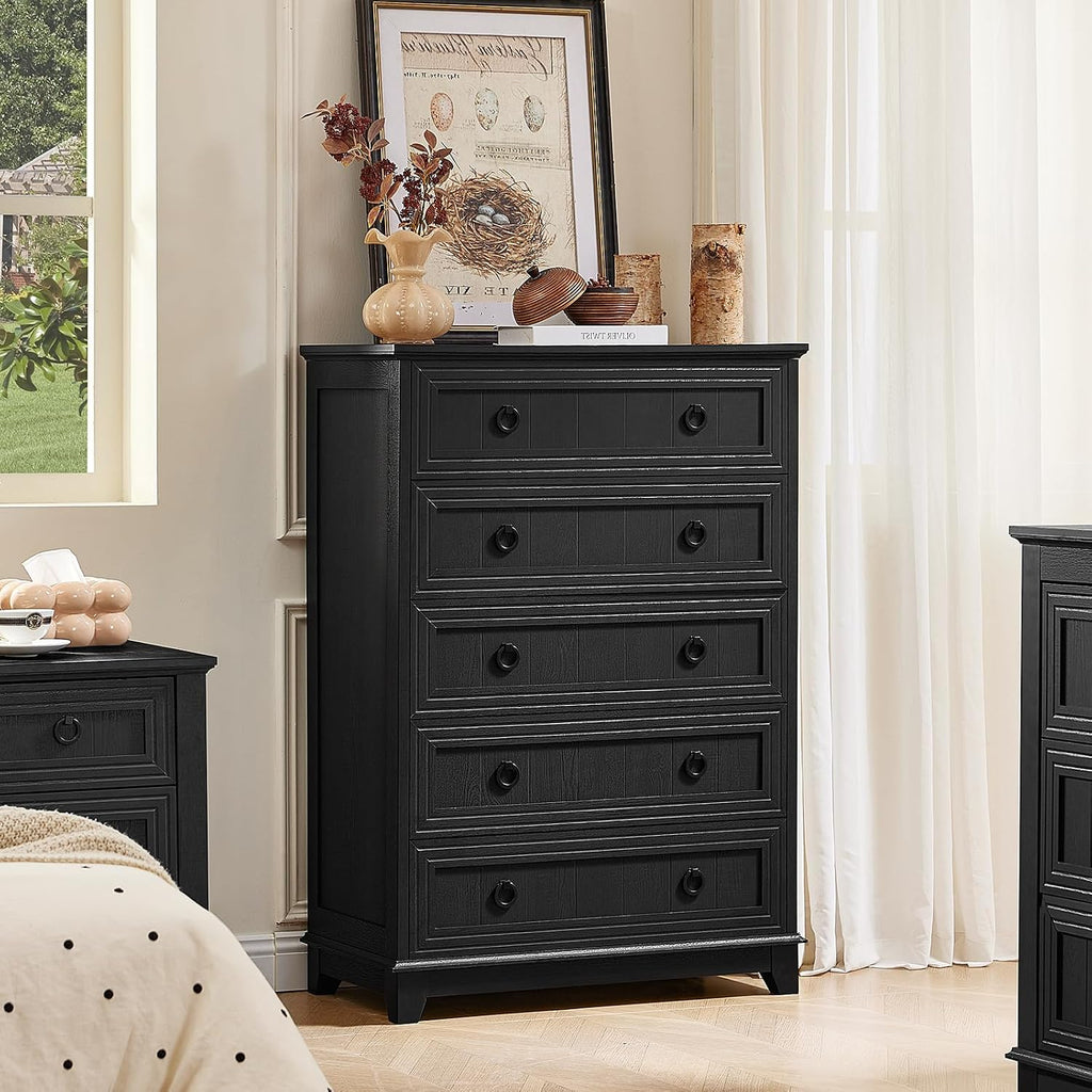 Joaxswe Farmhouse 5 Drawer Dresser for Bedroom Set of 2, 42' Tall Small Dressers & Chest of Drawers, Rustic Wood Dresser with Metal Handle, Storage Organizer Closet for Living Room, Hallway,Entryway