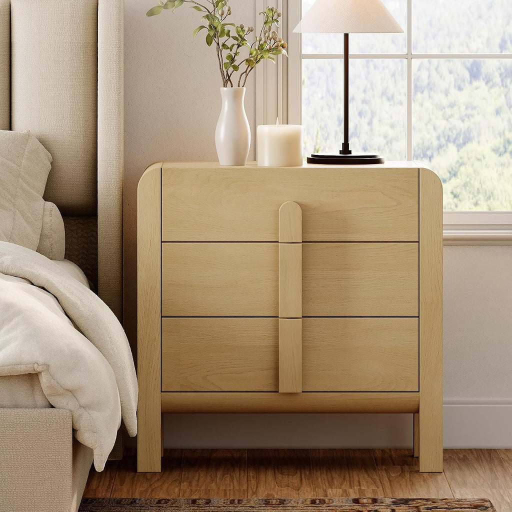 WAMPAT Nightstands Set of 2, Large Nightstands with 3 Drawers, Modern 31.5' Tall Wooden End Tables with Storage, Oak Nightstands Bedside Tables with Curved Design for Bedroom