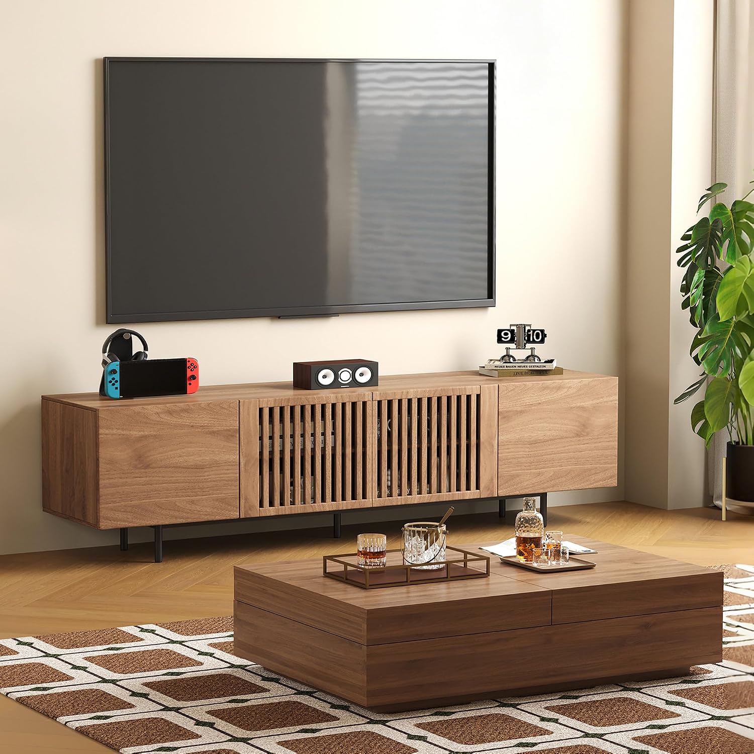 Mid-Century Modern Expandable Coffee Table & TV Stand Set, Walnut Finish – Elegant Storage Combo for Living Room, Bedroom, or Lounge (70.87' TV Stand+Coffee Table)