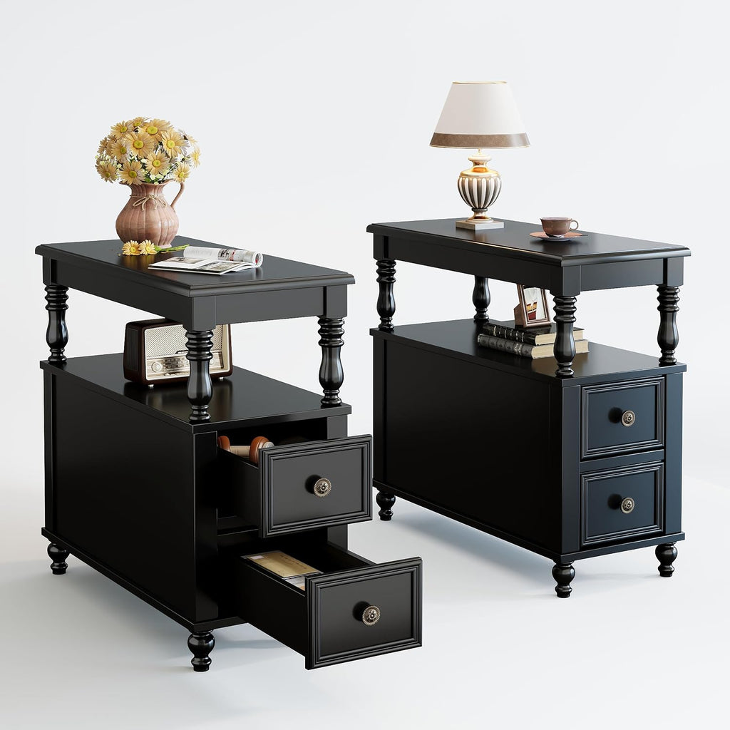 Tribesigns Wood End Table with 2 Drawers, Mid-Century Wooden Slim Side Table Nightstands with Storage Shelf, Accent Table for Living Room, Easy to Assemble (Black)