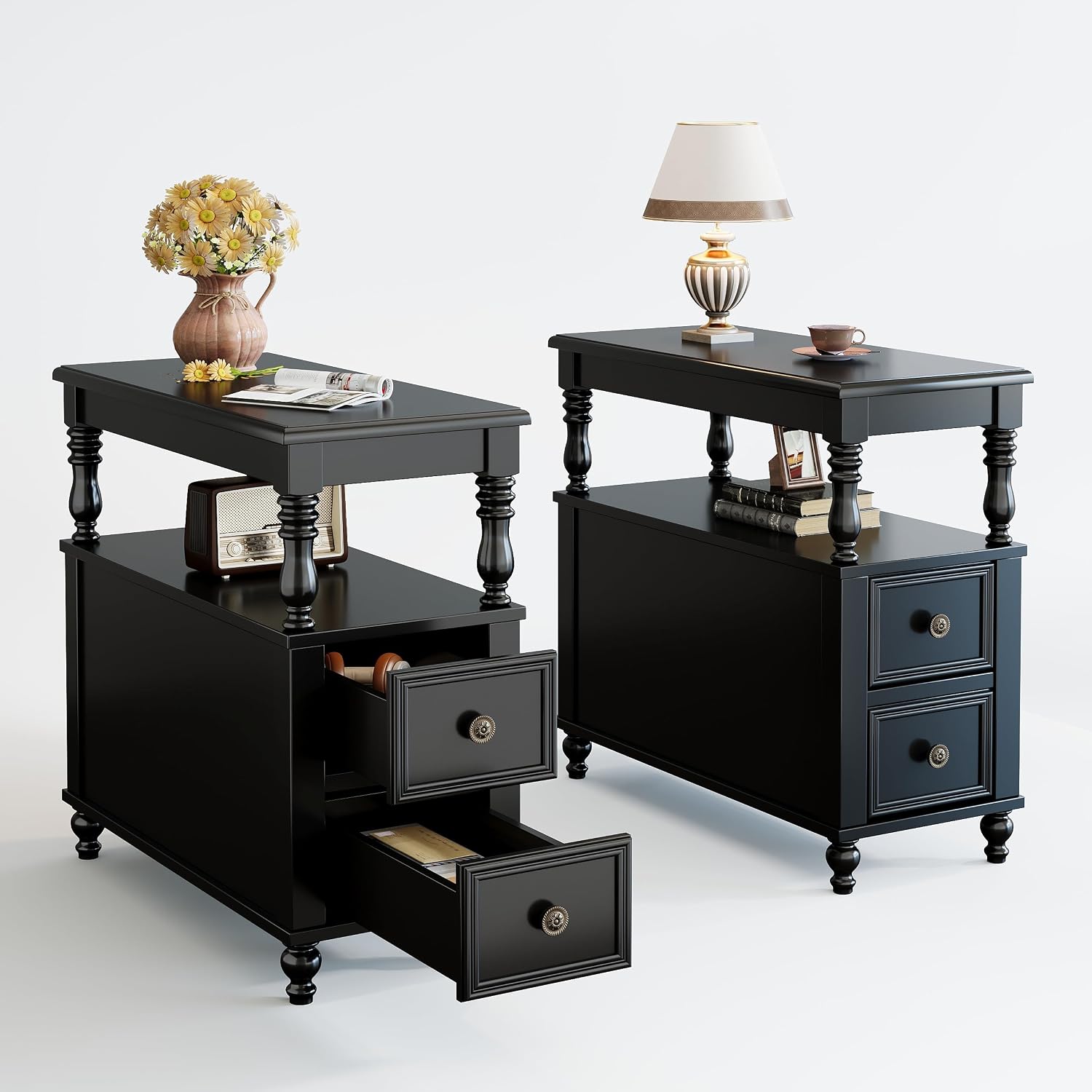 Tribesigns Wood End Table with 2 Drawers, Mid-Century Wooden Slim Side Table Nightstands with Storage Shelf, Accent Table for Living Room, Easy to Assemble (Black)