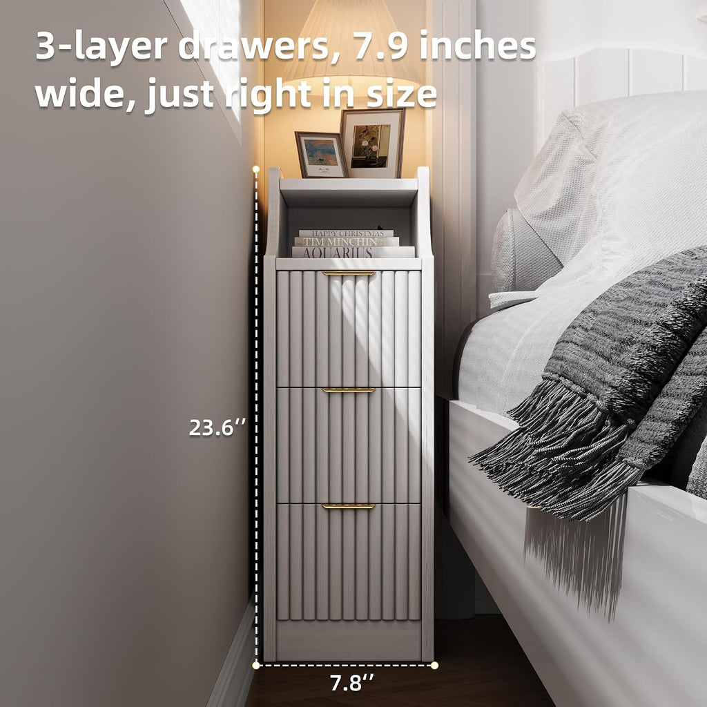 7.9' Narrow Nightstand Set of 2,23.6' Tall Fluted Bedside Table Set of 2, Slim Side End Table with 3 Drawers, Wooden Bedside Table, White Wood Night Stand for Bedroom Livingroom Sofa Office