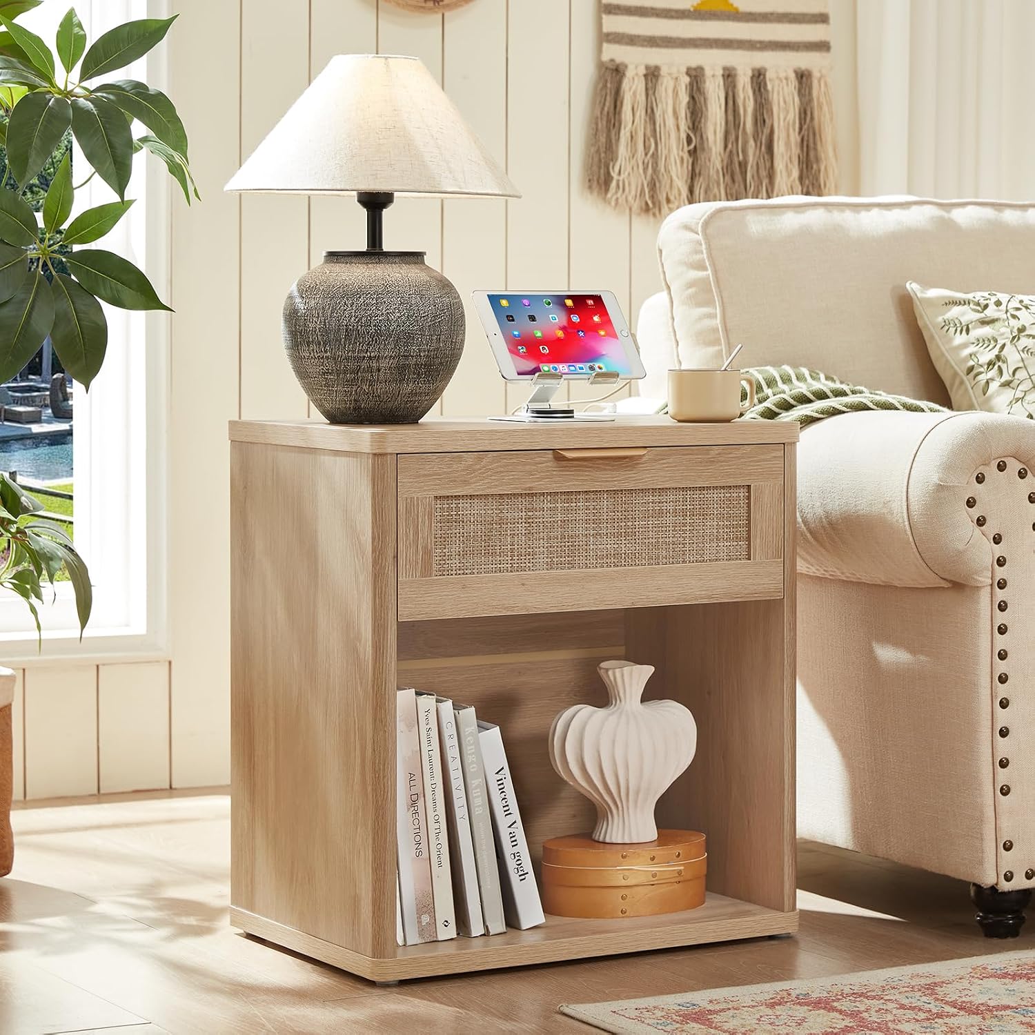 LEYAOYAO Rattan Nightstands Set of 2 with Charging Station, Natural Wood Night Stand with Drawer, 23' Wide Boho Bedside Table with Storage Shelf, Bed Side End Tables for Bedroom, Living Room, Hallway