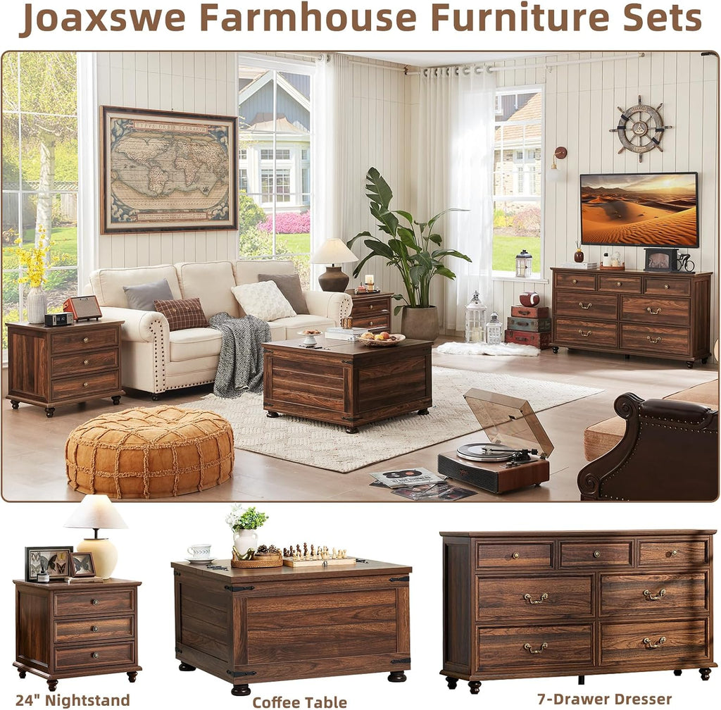 Joaxswe 24' Wide Farmhouse Night Stand,Large End Table with 3 Drawers & Metal Handle,Wood Dresser for Bedroom Cabinet, Bed Side Table Chest of Drawers,Brown Nightstand for Living Room,Close