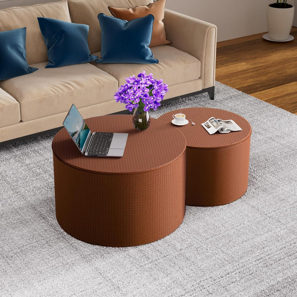 Round Nesting Coffee Table Set of 2 with Storage Modern Wood Coffee Table MDF Frame and Leather Surface Center Table End Side Table for Living Room Bedroom Office, No Assembling (Brown)