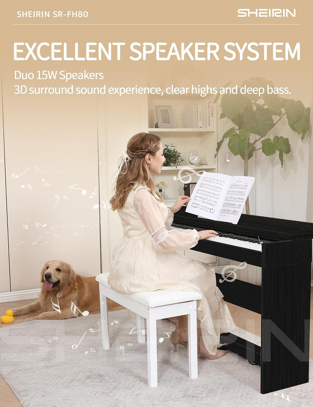 Digital Piano Hammer Action Keyboard 88 Keys Upright Acoustic Electric Weighted Piano Beginner MIDI Cover Full Size Sustain Pedal Stand Real Professional SR-FH80 (Black Full Cover)