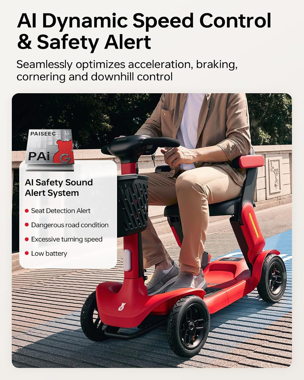 Paiseec Powered Mobility Scooter S3, Removable Battery Foldable Electric Scooter with AI Safety System, Folding Mobility Scooter for Adults Seniors, 25 Miles 6 MPH 300 lbs, All Terrain, Slope Safety