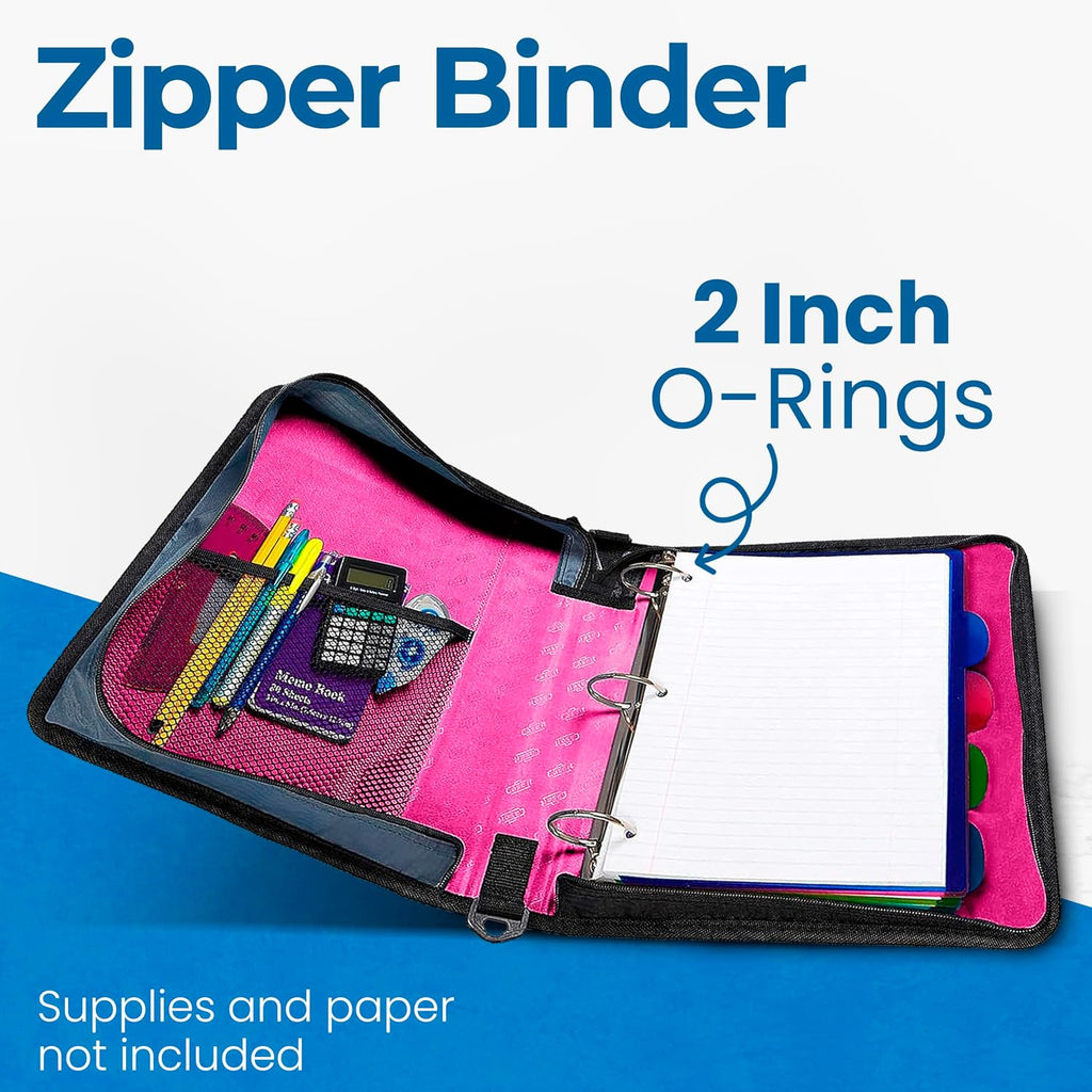 Case-it Classic Zipper Binder | 2-Inch O-Rings, 350 Sheet Capacity, Multiple Storage Pockets & Shoulder Strap | School & Office Organizer | D-251 Magenta | 6 Pack