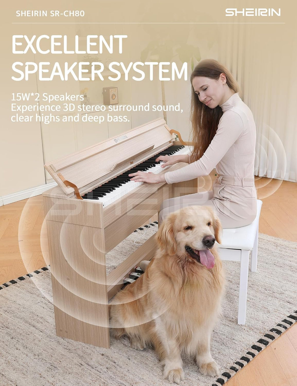 Digital Piano 88 Key Weighted,Fully Weighted Hammer Action Electric Keyboard with Stand Cover Pedal,Headphone Jack for Beginners Adults Home Practice,SR-CH80(Beige)