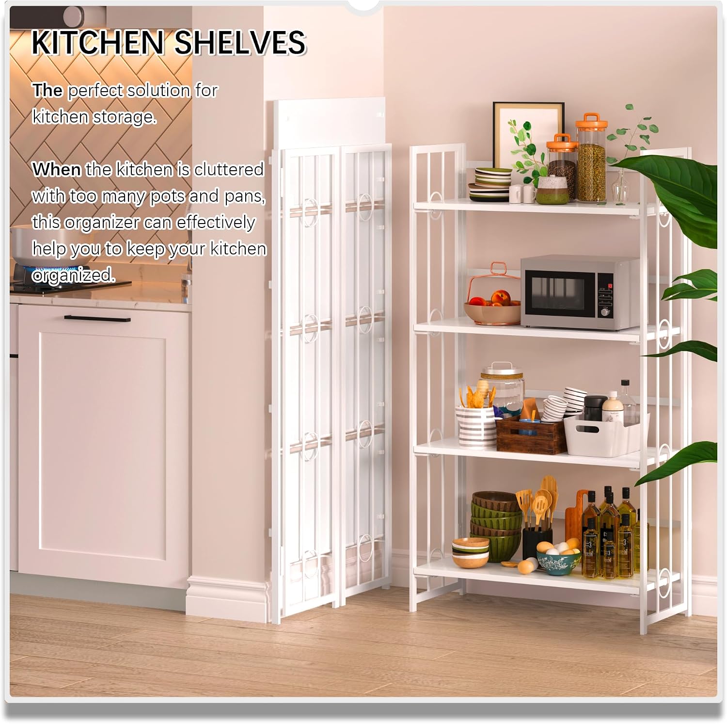 4NM No Assembly 4 Tiers Folding Bookshelf, 47.2' H Foldable Storage Shelves Vintage Bookcase Standing Racks Study Organizer Home Office - All White
