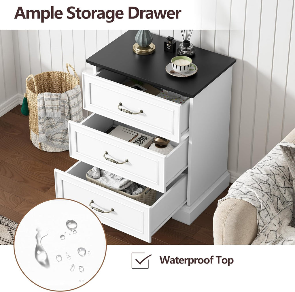 Nightstand with 3 Large Drawers,24' Wide End Table with Metal Handles,Rustic Farmhouse Wood Small Dresser,Bedside Table,Modern Chest of Drawers for Bedroom,Living Room,White