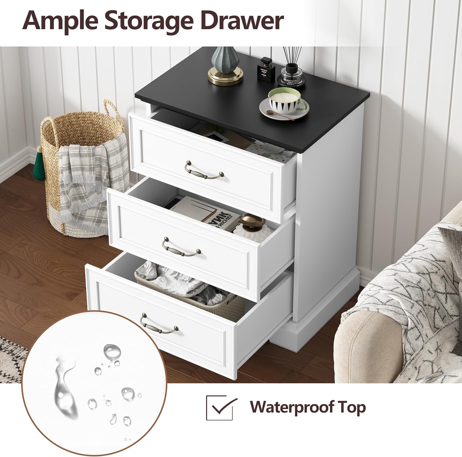 Nightstand with 3 Large Drawers,24' Wide End Table with Metal Handles,Rustic Farmhouse Wood Small Dresser,Bedside Table,Modern Chest of Drawers for Bedroom,Living Room,White