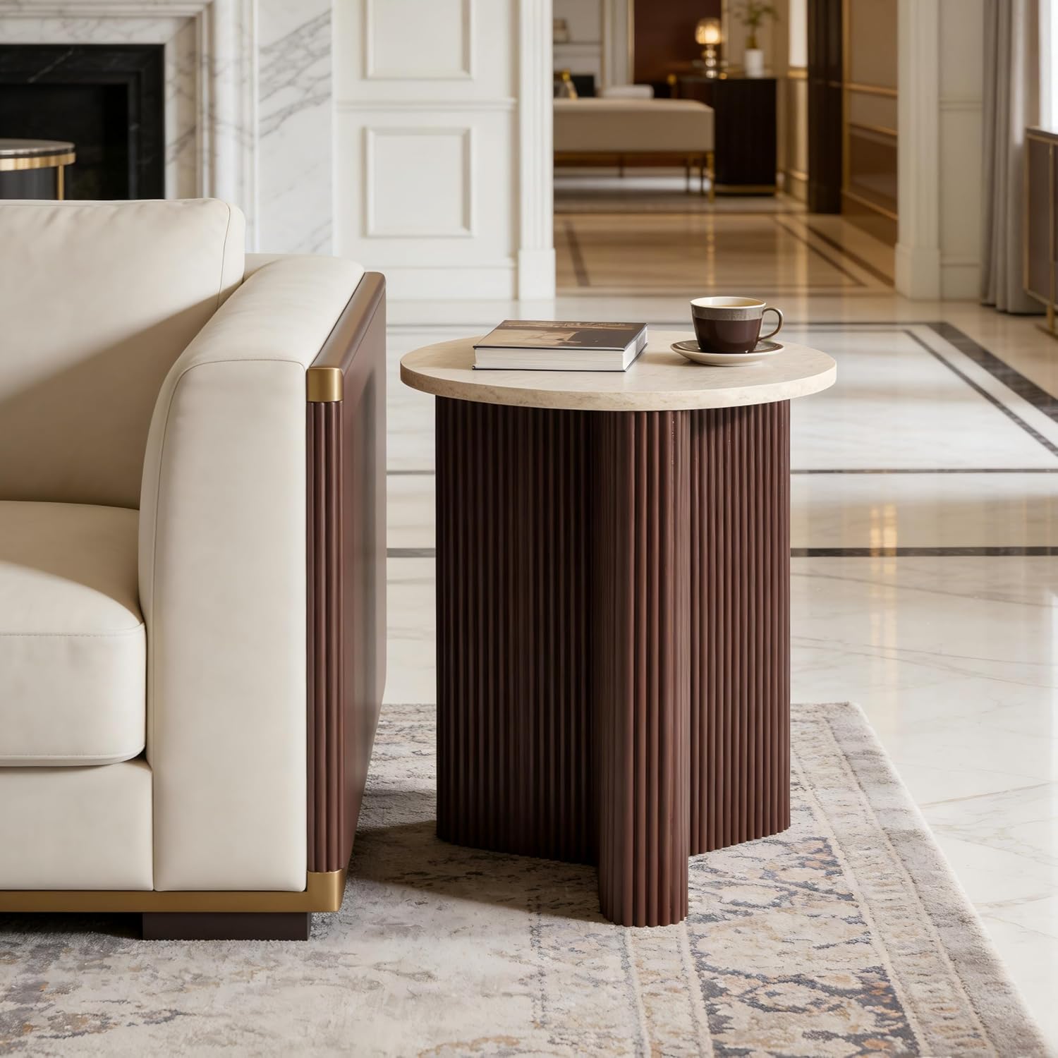 Merax Modern Round Side Table with Faux Marble Top & Brown Ribbed Base - Compact Round Coffee Table with Wooden Fluted Legs - 17.8' Accent End Table for Living Room & Bedroom, Brown