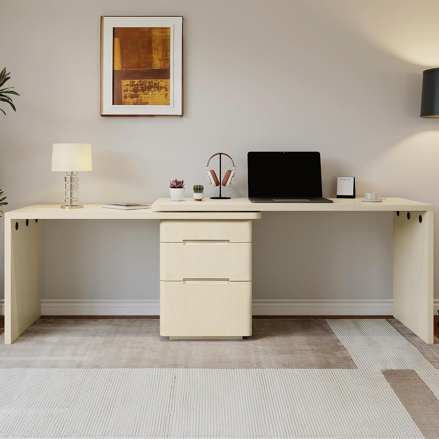 Merax Home Office Desk L Shaped with 3 Drawers,Wooden Rotating Desk | 90' Large Executive Office Workstation,Corner Work Table for Study Writing,Walnut