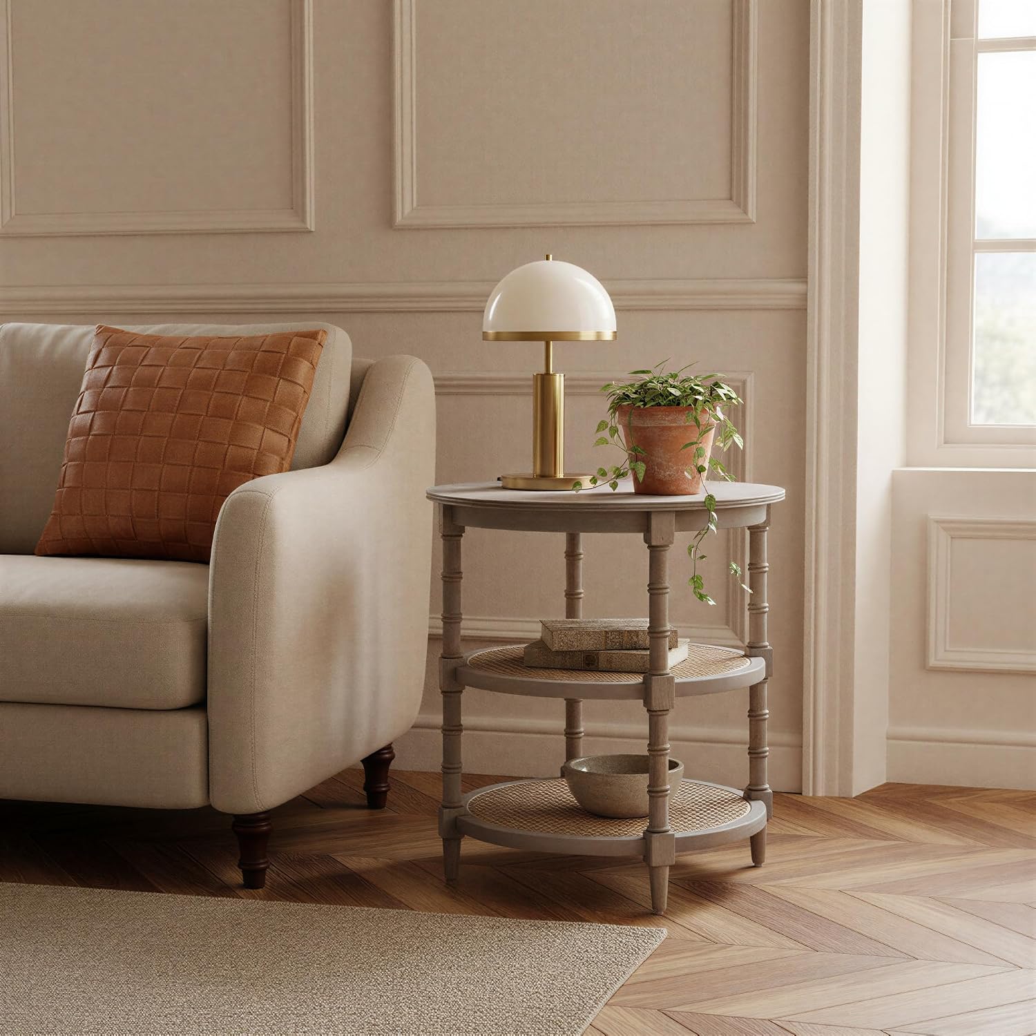 Creative Co-Op Round Solid Wood End Table with 2 Woven Cane Shelves, Grey Washed